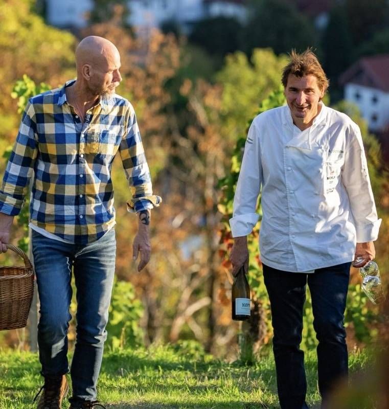 Zwei Männer mit Picknick-Korb und Weinflasche spazieren in einem Weinfeld